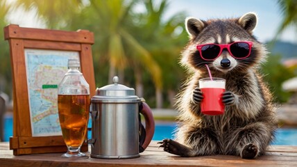 Adorable raccoon donning shades, holding a beverage, having a great time on vacation, featuring a studio banner with room for text. 