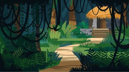 Dense jungle illustration at night with a misty atmosphere, wooden signpost, and overgrown pathway