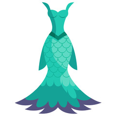 Teal Mermaid Gown with Scale Pattern and Fishtail, Vector illustration of a teal mermaid gown featuring a detailed scale pattern, dramatic fishtail skirt, and unique horned shoulder accents for fantas
