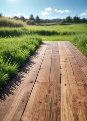 Wood decking on fresh grass against clear blue sky, flooring, clear sky