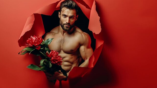 Muscular man with red flowers