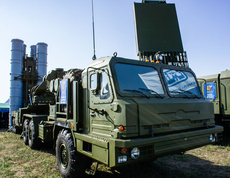 MAKS-2011 on territory of airfield LII im. Gromov. Launcher of the S-300 "Favorit" or S-400 "Triumph" anti-aircraft missile system of military air defense. Zhukovsky, Russia - August 16, 2011