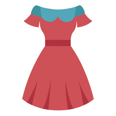 Elegant Red Dress with Blue Collar,  Vector illustration of a stylish red dress with a pleated skirt and blue scalloped off-shoulder collar, ideal for fashion designs.  
