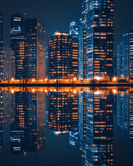 Obraz premium Modern Cityscape at Night with Skyscrapers Illuminated in Warm Lights Reflecting on a Calm River 