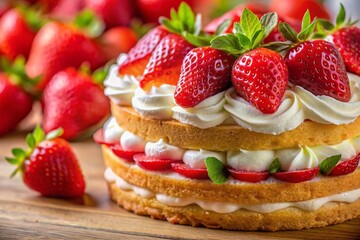 Macro Close-up of Delicious Summer Strawberry Cake with White Cream