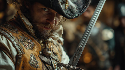 A musketeer is focused on polishing his ornate sword in a rustic tavern, surrounded by flickering candlelight. The atmosphere is filled with camaraderie and intrigue. 