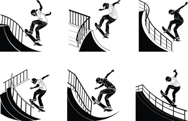 A skateboarder performing a trick on a ramp set vector, A skateboarder performing a trick on a ramp silhouette vector illustration, A skateboarder performing a trick on a ramp line art © Hai