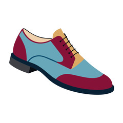 Two-tone dress shoe with red and blue panels-Flat vector illustration of a stylish two-tone dress shoe featuring red and light blue panels, a beige tongue, and black sole for a bold modern look.
