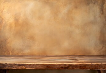 Beige stucco wall with a worn edge and wooden floor background. Beige stucco texture, beige color, copy space concept. 