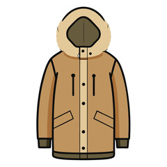 Beige winter parka with fur-lined hood-Flat illustration of a beige winter parka featuring a fur-lined hood, zippered and flap pockets, and button detailing for cold weather.
