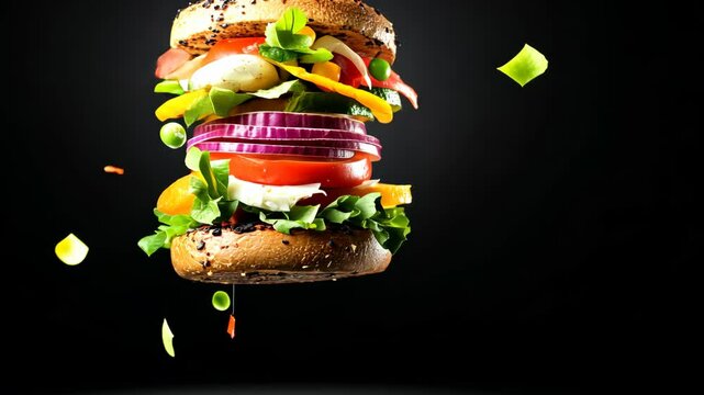 Large sandwich with many toppings, including lettuce, tomatoes, and onions. The sandwich is in the air, giving the impression of it being thrown or falling