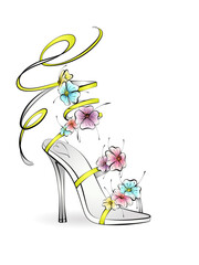 1534_Fashionable women high-heeled shoe decorated with flowers