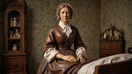 A majestic wooden carving of Florence Nightingale, depicted with a lantern in hand and wearing a nurse's uniform, surrounded by carved medical instruments, hospital beds, and healing hands.