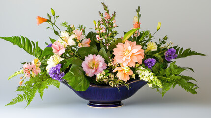 vibrant floral arrangement featuring various colorful flowers and lush greenery in decorative blue vase. This artistic display brings cheerful and refreshing ambiance to any space