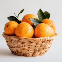 Wicker Basket Oranges Green Leaves