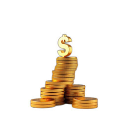 Golden dollar sign atop coin stacks, dark background, finance concept.
