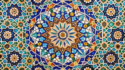 Intricate Moroccan Tile Pattern Close-up Background,  Arabic Design, Islamic Art, Colorful Tiles,  Texture