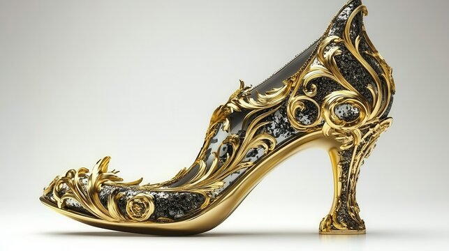 A lavishly ornate high-heeled shoe with gold filigree and dark glittering accents. Ideal for fantasy art, character design, or luxury product visualizations.