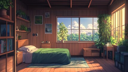 Fototapeta premium cozy bedroom with clean wooden accents and soft tones