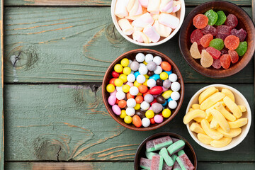 Mix of colorful candies . Top view