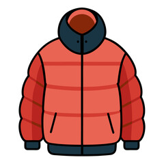 Orange and Black Hooded Puffer Jacket, Stylized orange puffer jacket with a black hood, zip closure, and padded design, perfect for winter fashion or outdoor activities.  
