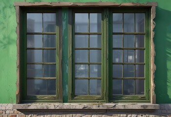 Wooden window frames with green paint peeling off, farmhouse, distressed, vintage style , shabby chic