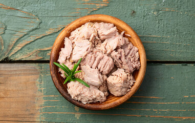 Canned tuna in bowl photography . Top view