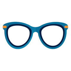 Blue Fashionable Glasses Illustration, Stylized blue glasses with bold frames and orange accents, perfect for design themes related to eyewear or fashion trends.  
