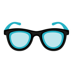 Black and Blue Sunglasses Icon, A flat-style illustration of black sunglasses with blue lenses and arms, ideal for summer, fashion, or accessory-related themes.  
