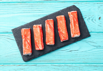 Crab sticks from fish surimi photography . Top view © whitestorm