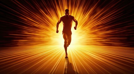 Dynamic athlete sprinting through explosive light path urban setting digital art high energy inspirational concept