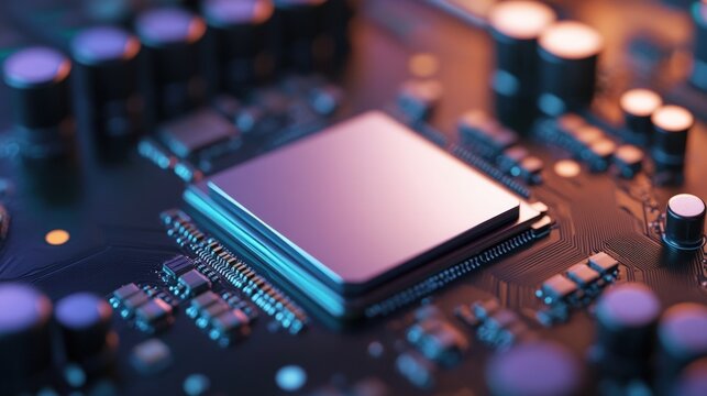 Circuit board with processor chip close up