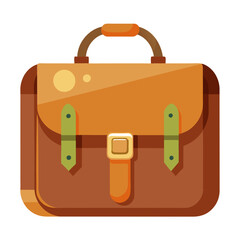 Brown Leather Briefcase with Green Buckle Straps, Flat vector illustration of a brown leather briefcase featuring green buckle straps, a sturdy handle, and a flap closure, ideal for work or travel.  
