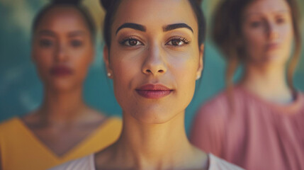 Fototapeta premium Three women standing confidently in front of a colorful backdrop during a bright, sunny day in a urban environment. Generative AI