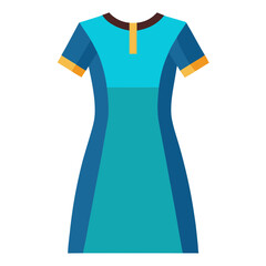 Teal Dress with Blue Panels and Yellow Accents, Flat vector illustration of a teal short-sleeved dress featuring blue side panels, yellow sleeve cuffs, and a minimalist neckline, perfect for casual or