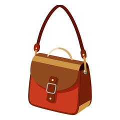 Brown and Red Satchel with Buckle Detail, Flat vector illustration of a stylish brown and red satchel featuring a buckle clasp, top handle, and shoulder strap, ideal for modern fashion designs.  
