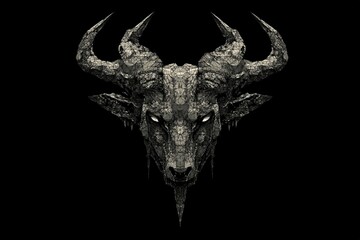 Stone goat head with horns on black background, occult symbol.