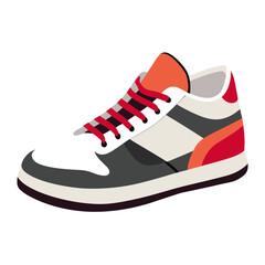 Modern Sneaker with Red and Gray Accents, Flat vector illustration of a modern sneaker featuring red, gray, and white tones with a sporty and casual design, ideal for footwear themes. 
