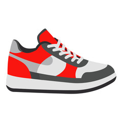 Modern Red and Gray Athletic Sneaker, Flat vector illustration of a modern athletic sneaker featuring red, gray, and white tones, perfect for sportswear and casual fashion designs. 
