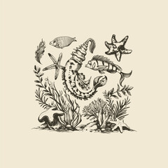 Sea life drawing vector design template