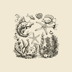 Naklejka premium Sea life drawing vector design template