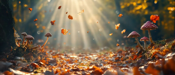 Sunlit clearing adorned with wild mushrooms and fallen leaves in serene nature