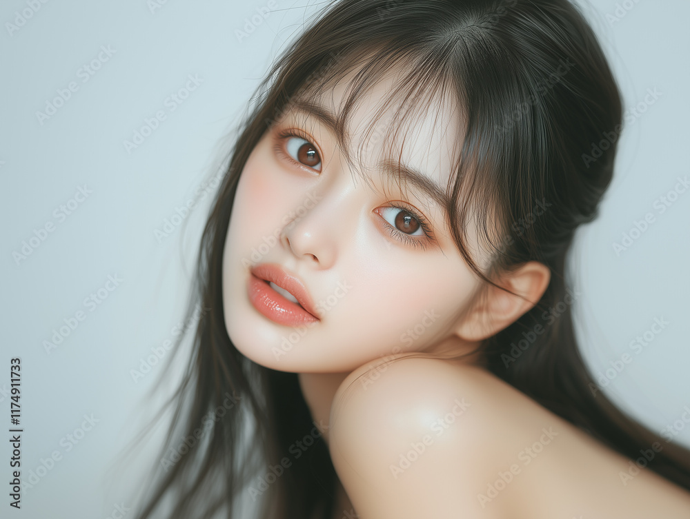 Poster 美肌の若くて可愛いアジア女性モデルの美容ポートレート。流行りのメイクをしている。
