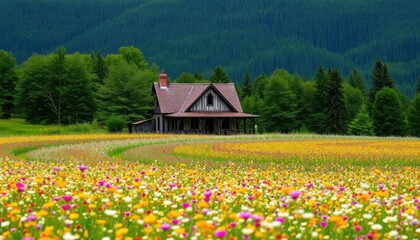Fototapeta premium Countryside home in colorful flower field, scenic view