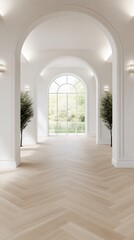 Bright corridor with elegant arches and natural light streaming through large arched windows, highlighting minimalist design with light wood flooring.