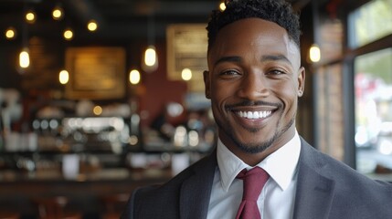 Obraz premium Professional man smiling coffee shop portrait urban environment eye level confidence and success