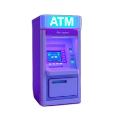 Neon-lit ATM machine at night, financial transaction, city background, website illustration.