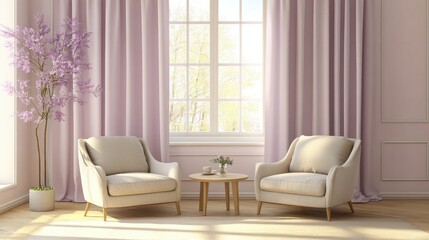 A pastel-themed living room with muted lavender curtains, light beige chairs, and a small side table.
