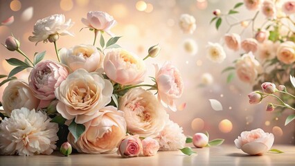 Delicate pastel roses and peonies arranged in a romantic bouquet, petals softly falling, bokeh background