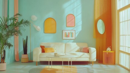 A pastel living room with muted turquoise walls, white furniture, and cheerful wall art.